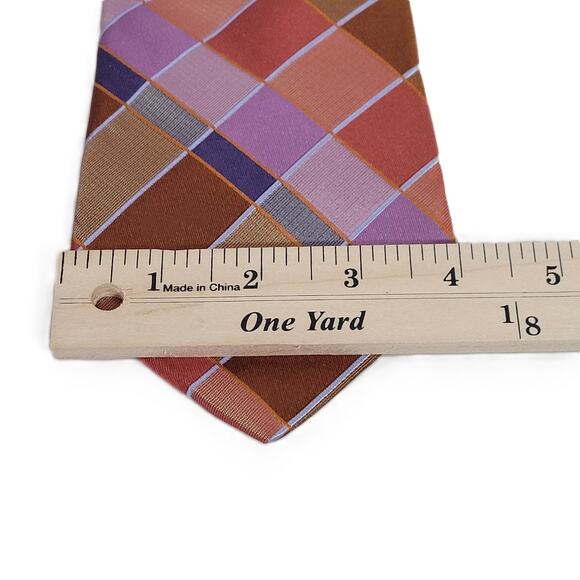 Ike Behar Mens Tie Rust Purple Blue Tan Check Woven Silk Necktie Dressy Career - Picture 6 of 7